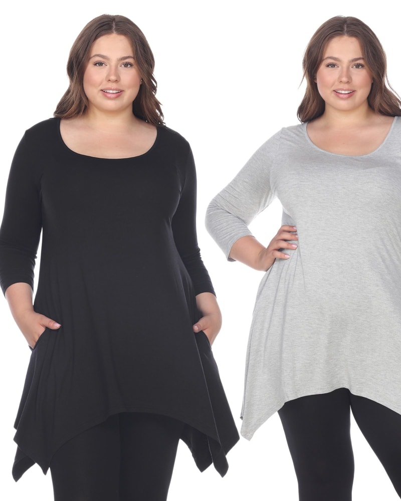 Front of a model wearing a size 4X Essential Makayla 2-Pack Tunic Top in Black Heather Grey by White Mark. | dia_product_style_image_id:249946